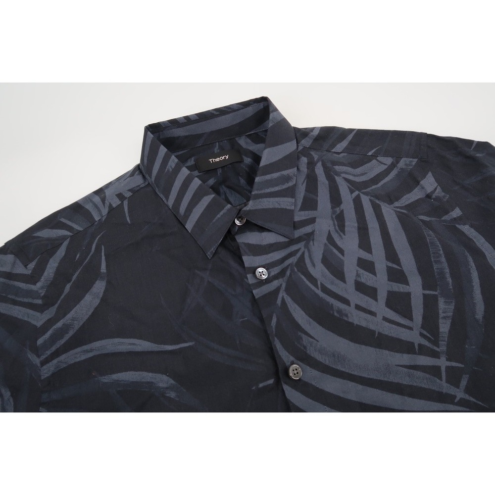 Theory Mens Medium Irving Saygo Shirt Palm Leaves Floral Black Gray SS Button Up